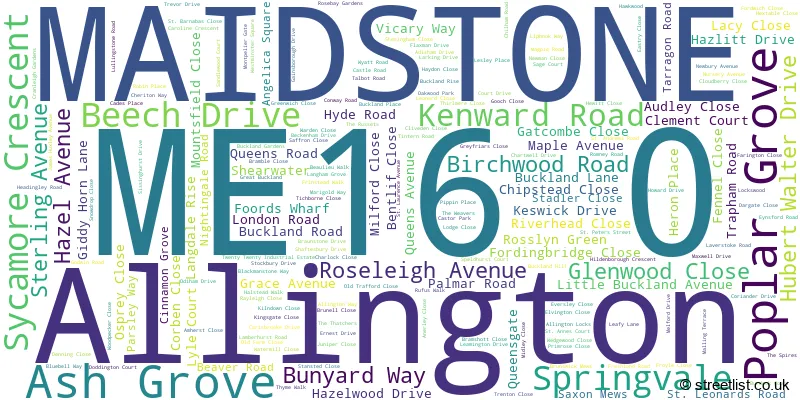 A word cloud for the ME16 0 postcode